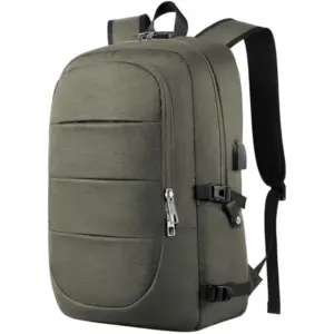 Front view of the gray laptop backpack on a table