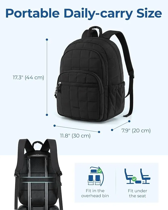 Flat lay image showing the backpack's dimensions and features with a measuring tape.
