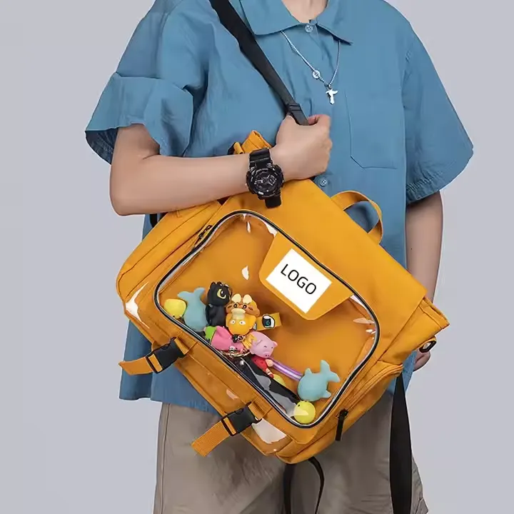 Clear window backpack in use, showing organized contents like a laptop, notebook, and passport