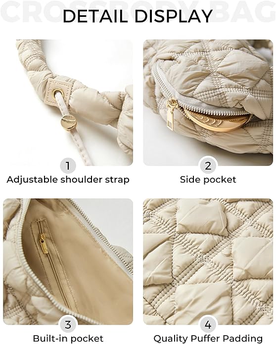 Close-up detail of the soft, puffy quilting on the crossbody bag.