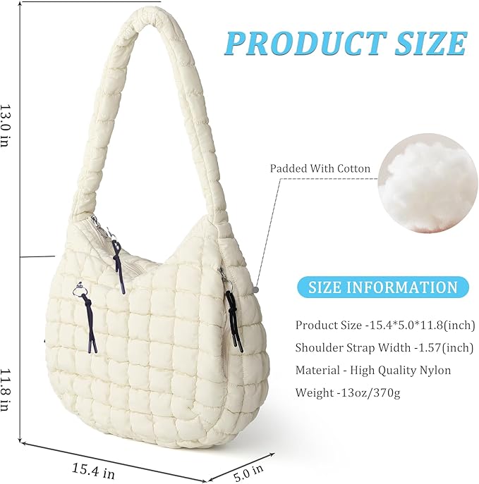 Stylish puffy handbag in neutral tone showing its quilted texture