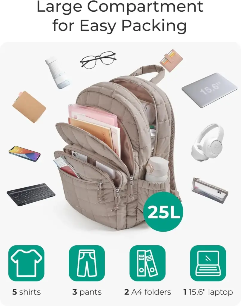 Plush quilted backpack in beige, showing its soft texture and elegant design.