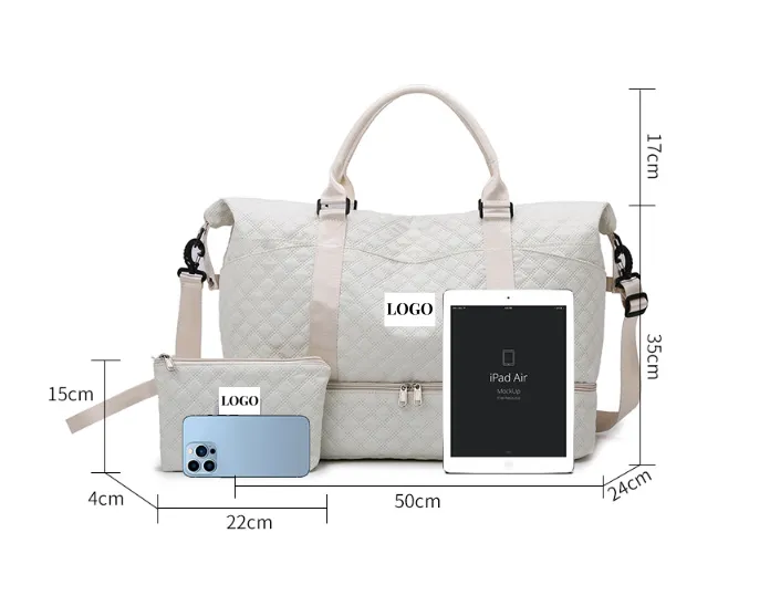 The tote bag shown open, with the detachable pouch inside and a laptop, notebook, and water bottle neatly organized.