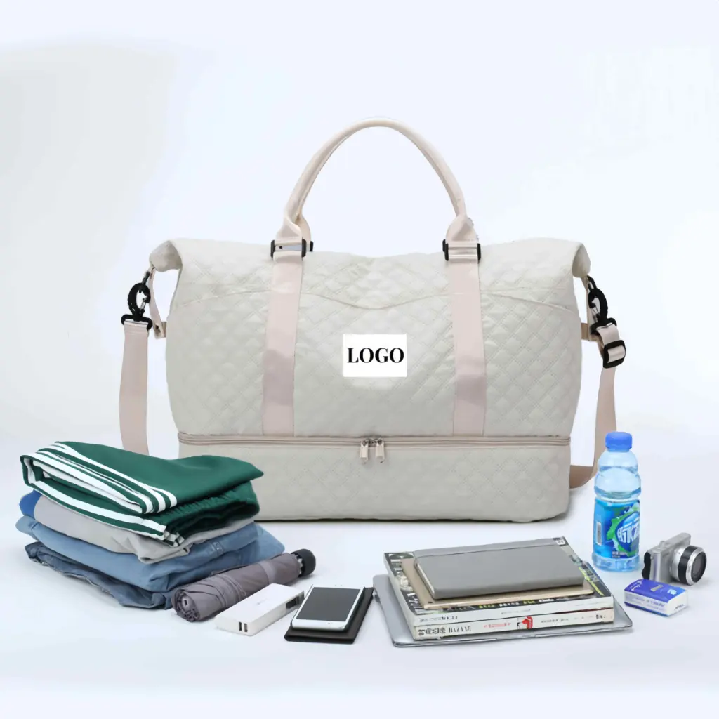 The detachable pouch being worn as a crossbody bag separately from the tote.