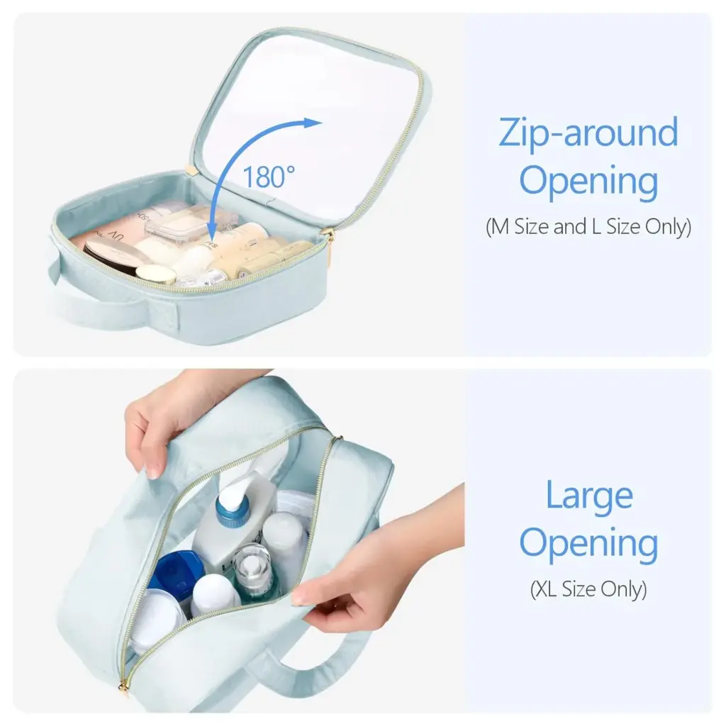 Close-up side view of the clear makeup bag's zipper and structure