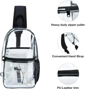 Close-up detail shot of the bag's adjustable strap and clear PVC material.