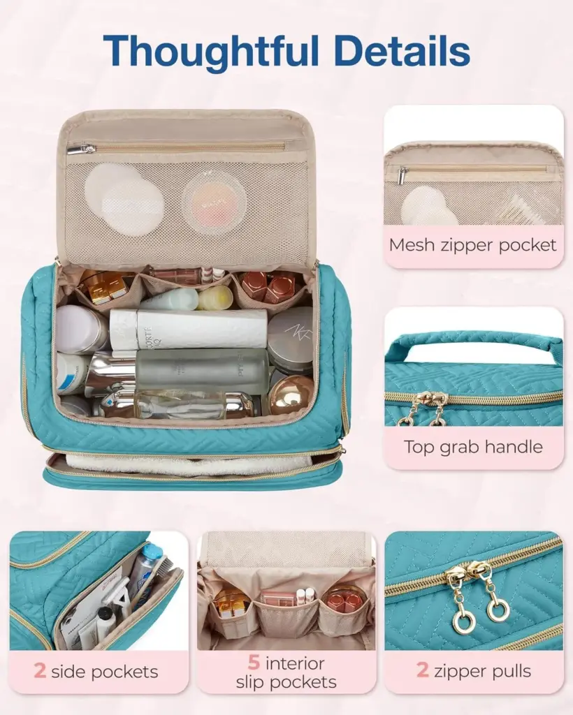 Side view of blue makeup bag showing compact profile