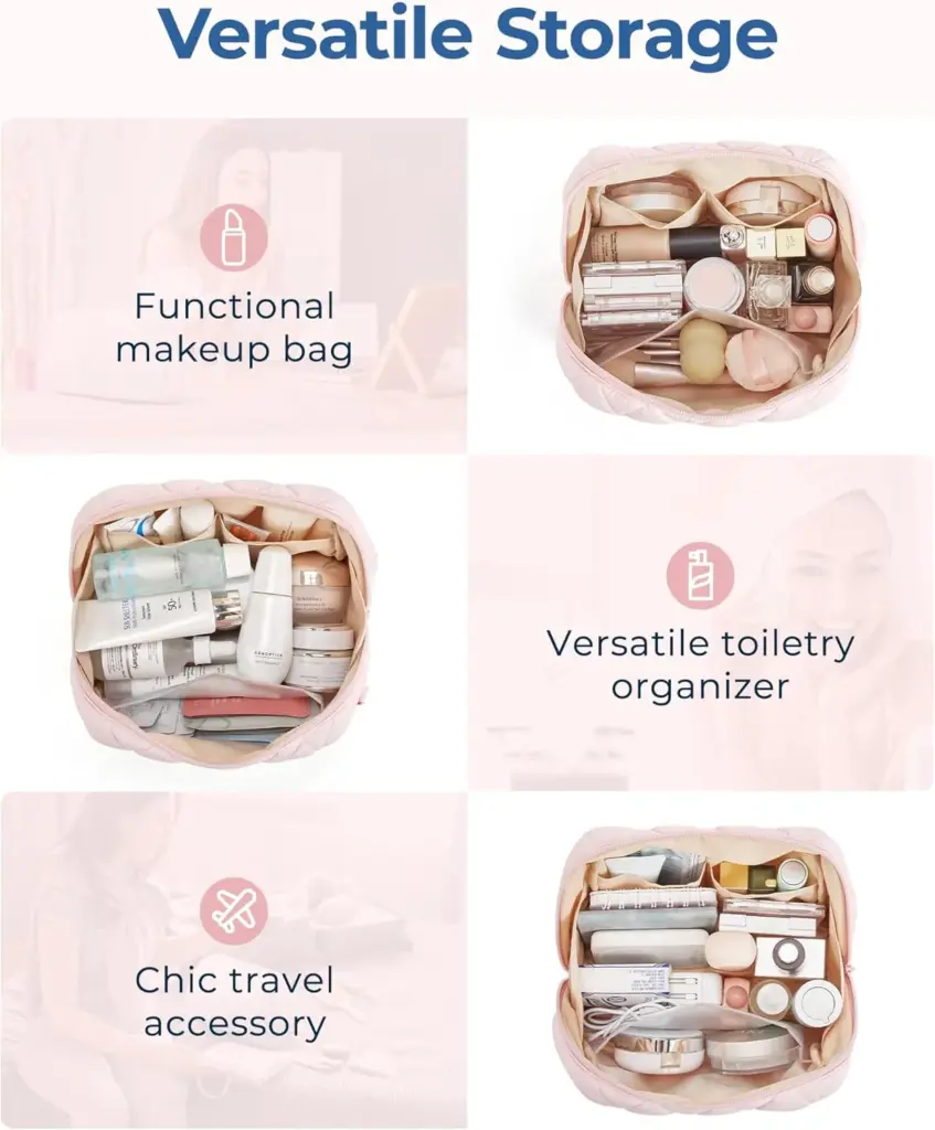 The Puffy Makeup Bag in a warm beige color, shown in an expanded state to reveal its spacious interior.