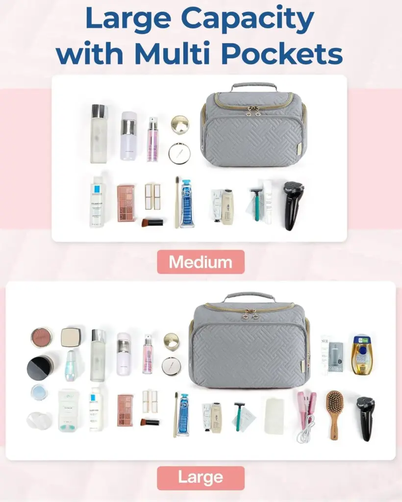 Open grey makeup bag showing organized interior with brushes and bottles