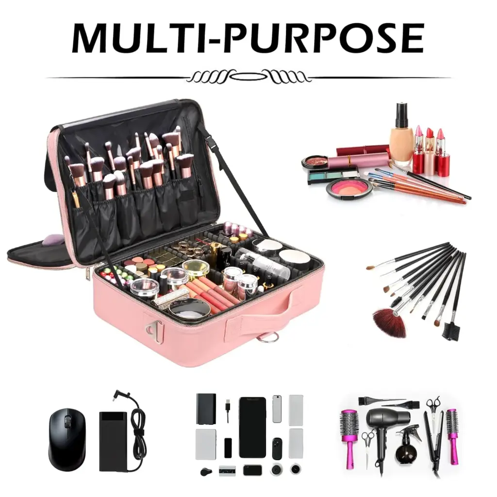 Open view of the pink makeup bag showing the multiple compartments and brush holders.