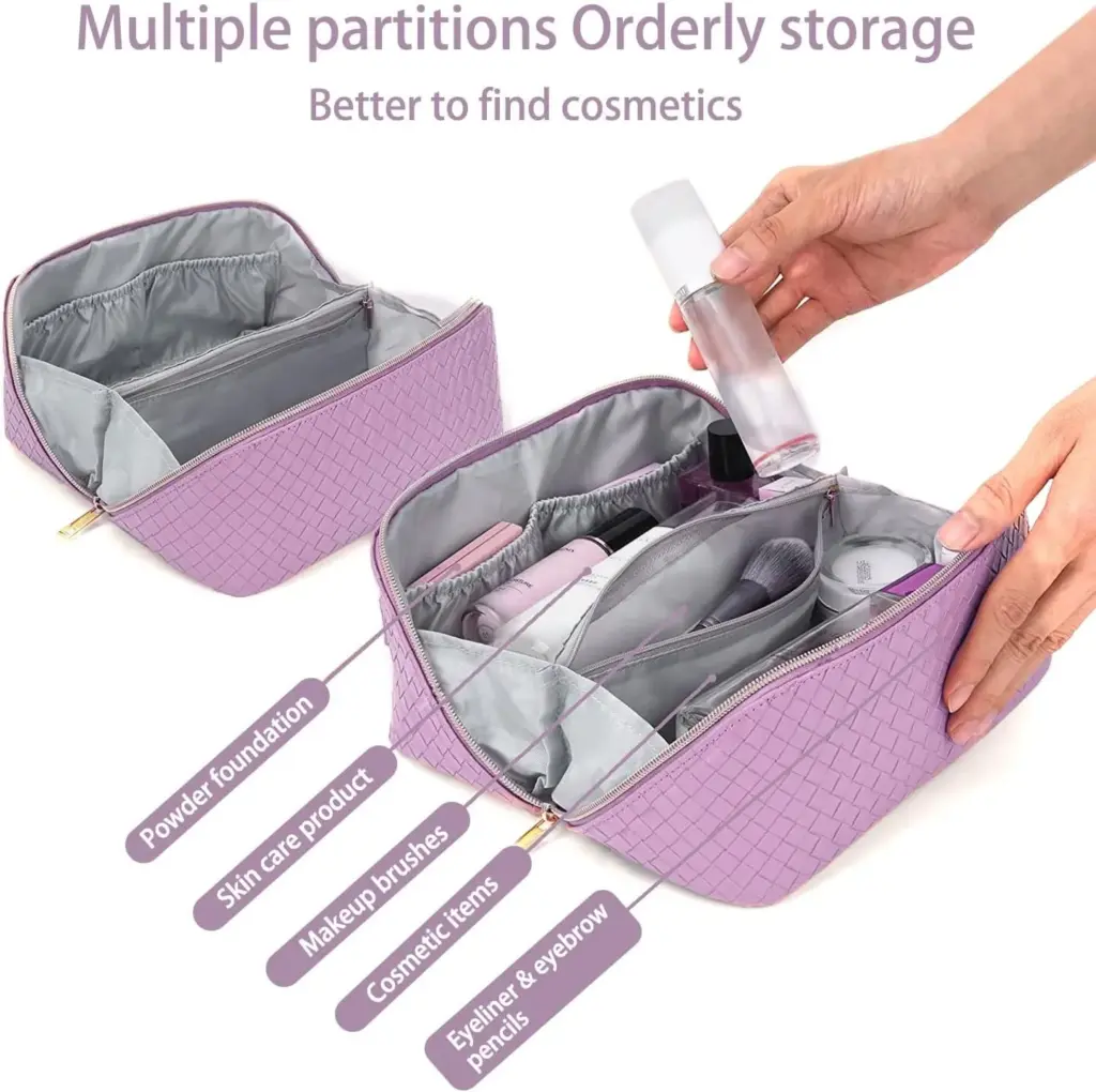 Bag in a purple-tone setting, packed with travel items, demonstrating its capacity and clarity.