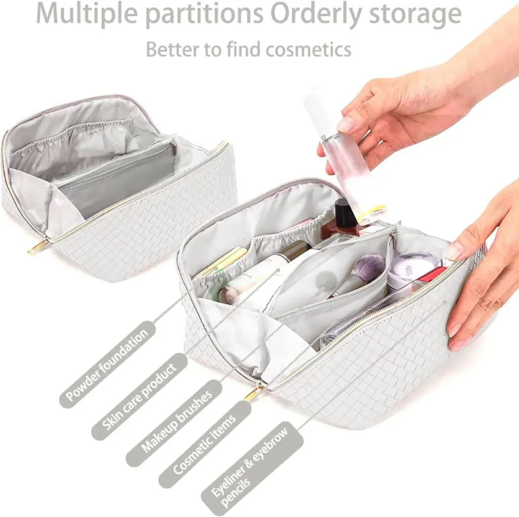 Close-up of the bag's waterproof zipper and hanging loop in use.