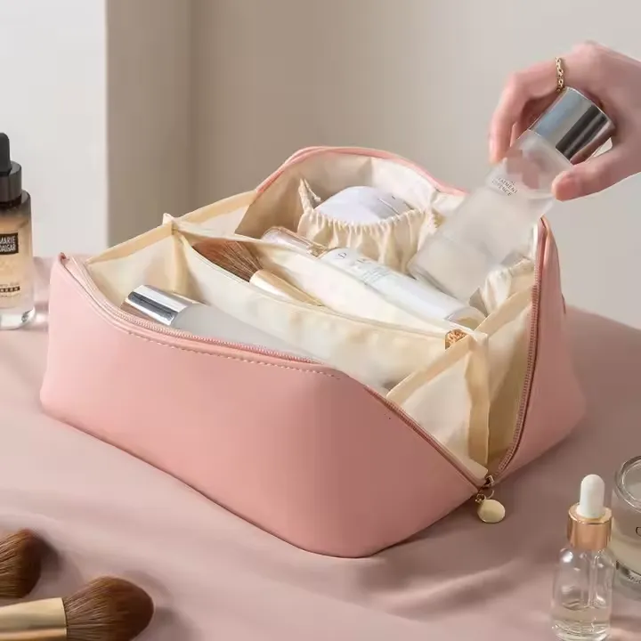The makeup bag closed, showing its sleek and portable design