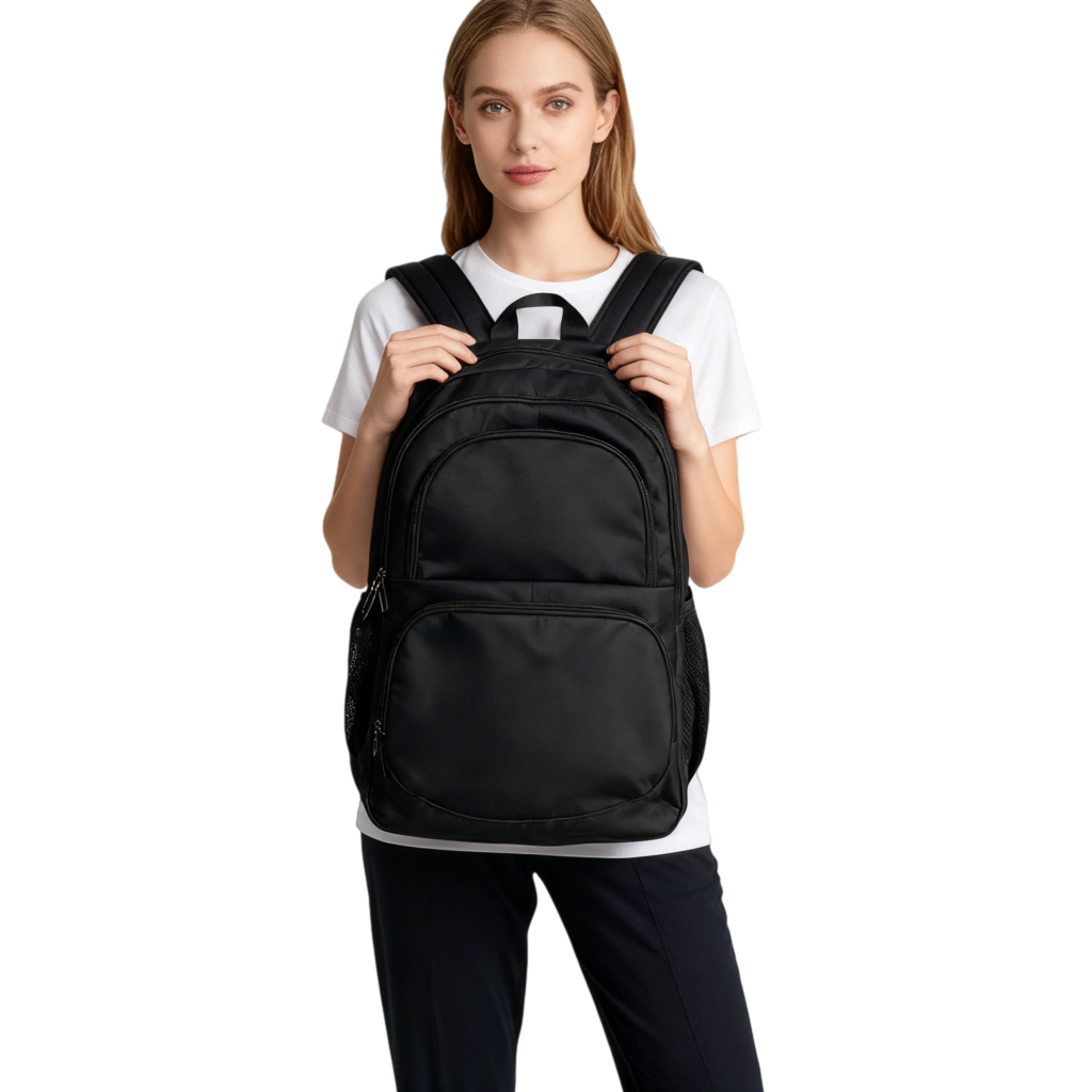 Person wearing the black backpack in a casual urban setting
