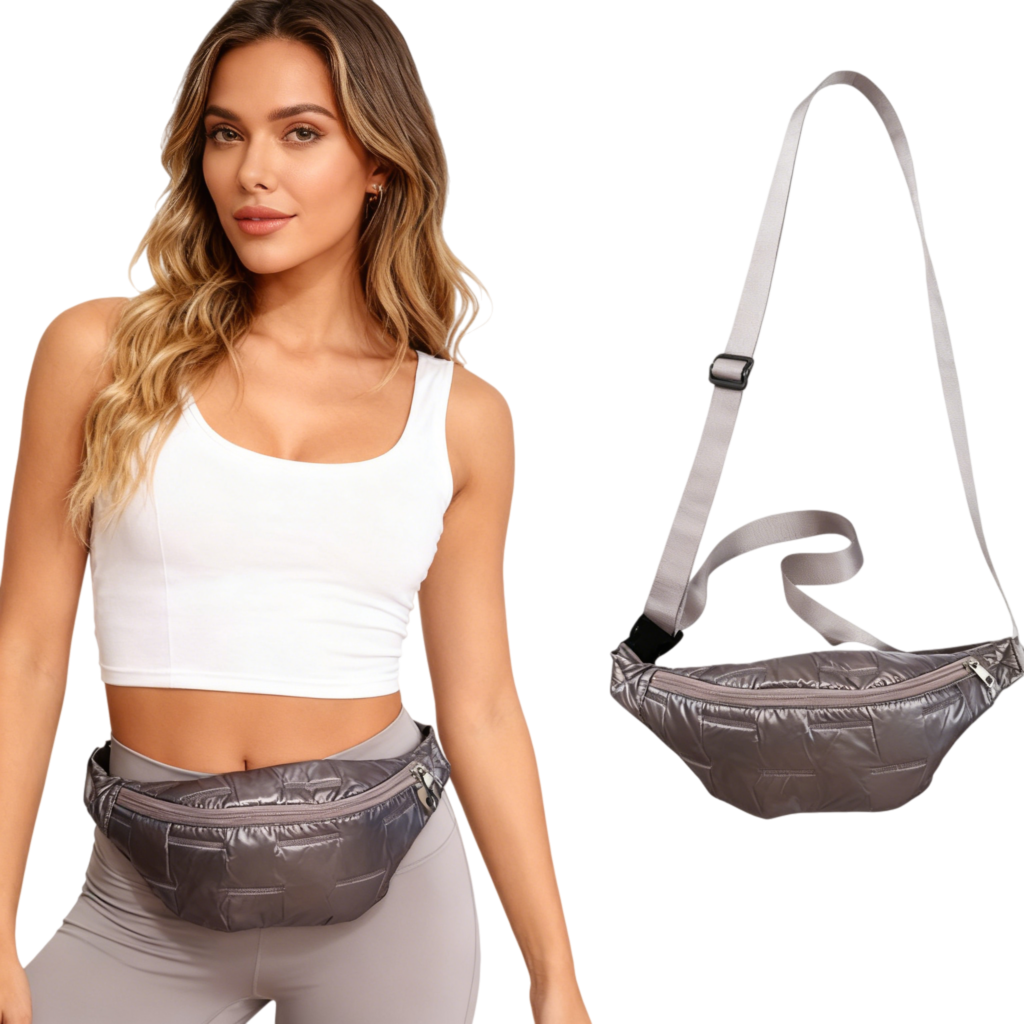 Person wearing the quilted waist bag as a crossbody bag in a casual urban setting