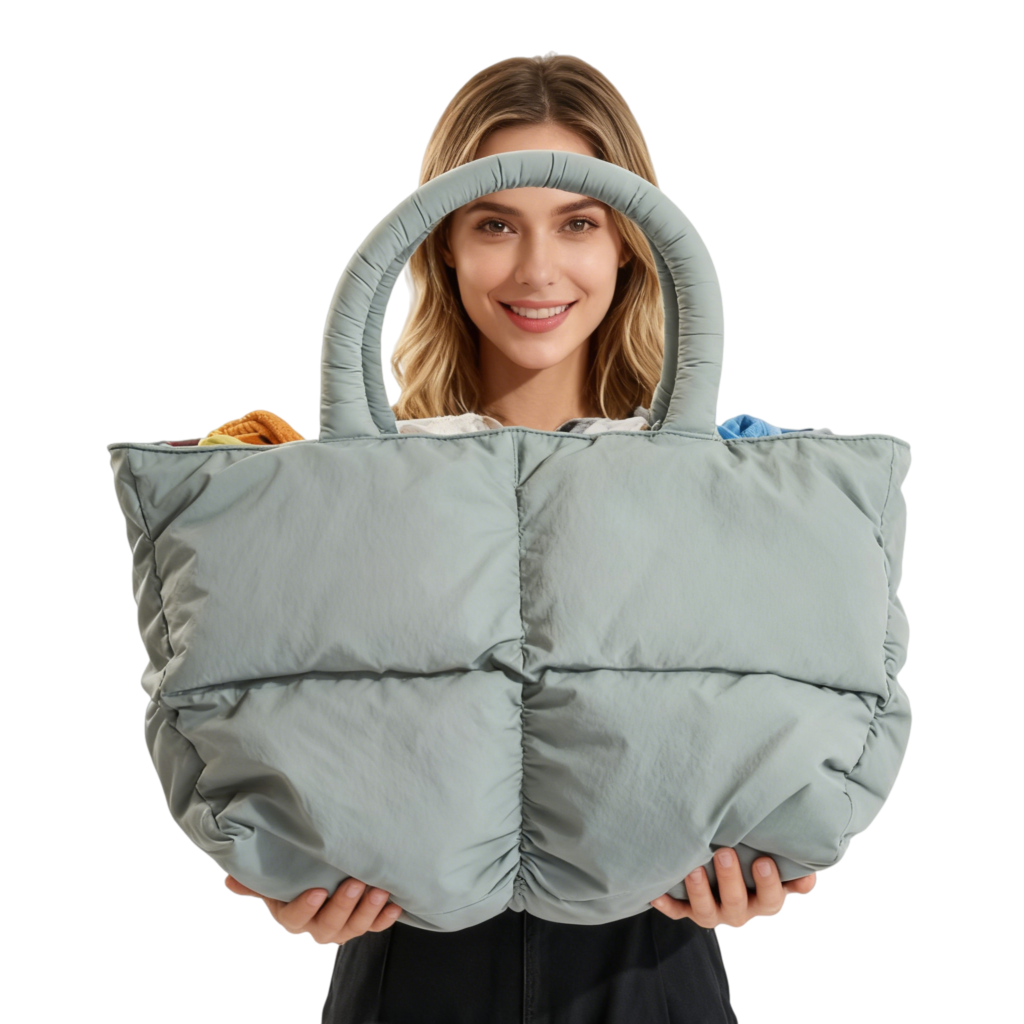 The bag being used to store blankets and pillows on a sofa.
