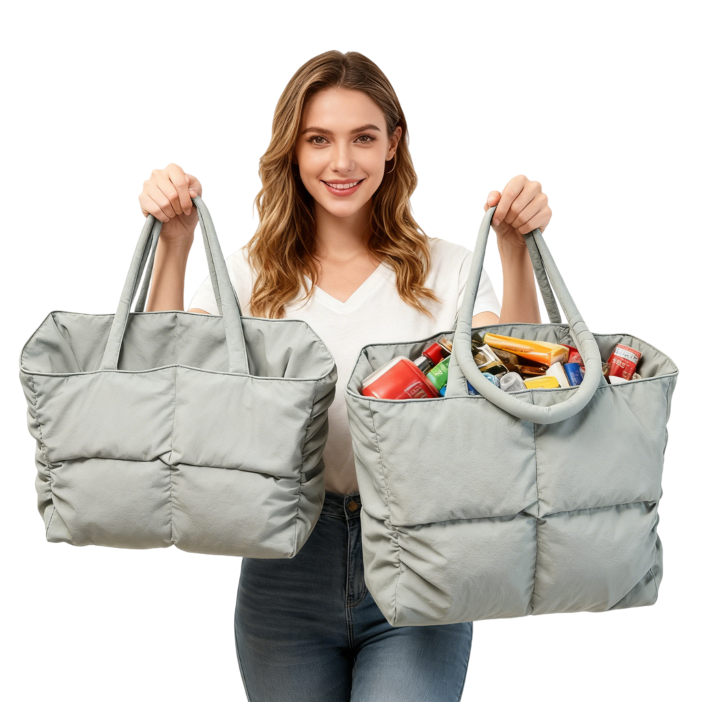 The bag being used as a stylish shopping tote at an outdoor market.