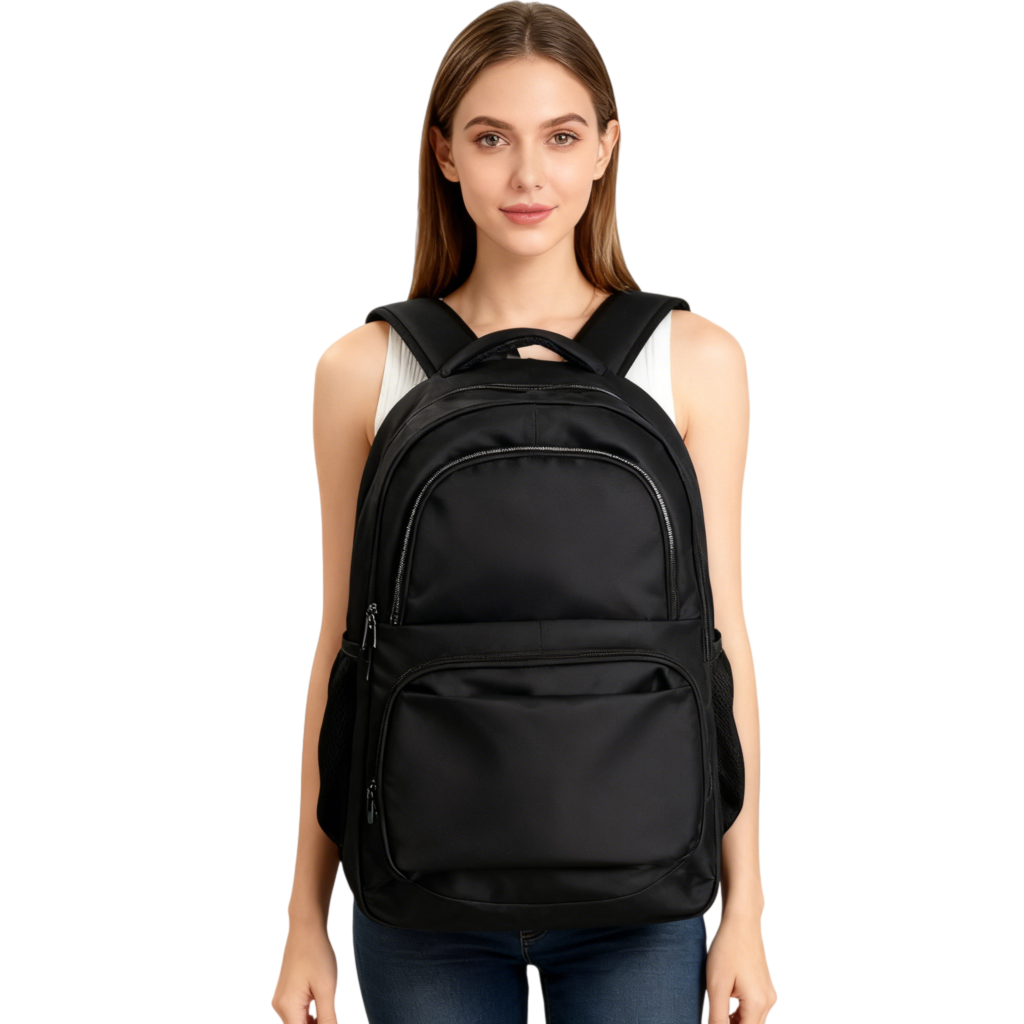 Person adjusting the straps of the backpack