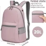 ከቤት ውጭ የውሃ መከላከያ የ OXDORD RESTACK በብርሃን ጨረሮች በብርሃን ሮዝ ውስጥ, 20L አቅም, የታጠፈ ንድፍ, እና በ ኢንች ኢንች እና ሴንቲሜቶች ውስጥ በመለኪያዎች ይታያሉ.