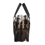 Boční pohled na černou průhlednou toaletní sáček s černým oříznutím, Černé úchyty, a více kompartmentů.