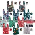 Plegable & Totes de compras de poliéster lavables con vacacións de cores e patróns de temática de inverno que se amosan en filas, Dispoñible para personalización OEM e ODM.