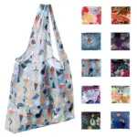 Plegable & Tote de compras de poliéster lavable, mostrado con 12 bolsas compactas en patróns florais e abstractos variados; Ideal para pedidos OEM e ODM.