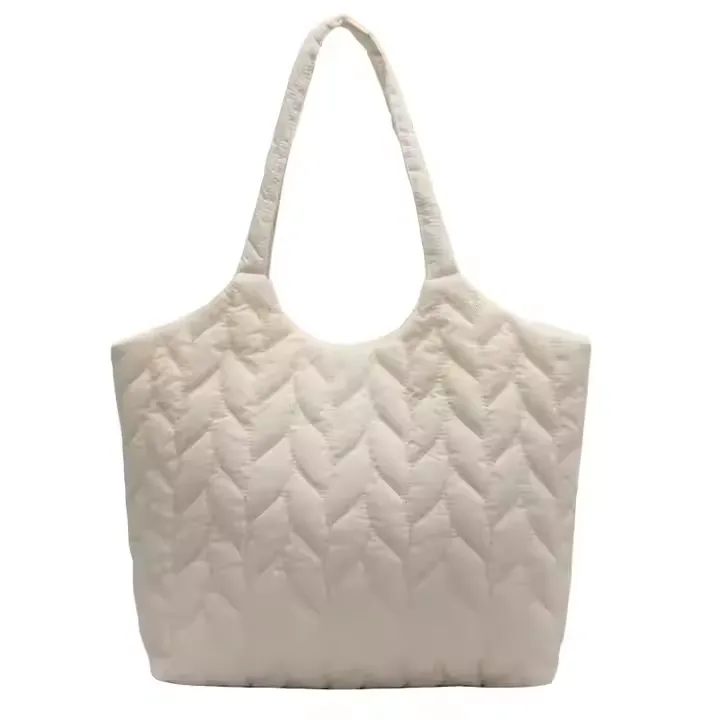 Puffed Quilted Handbag for Women in cream with two handles, shown on a plain white background. OEM and ODM customization options available.