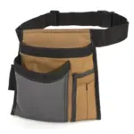 Electrician/Repairer's Canvas Tool Pouch Belt in brown and gray, A 'nochdadh iomadh pòcaid agus strap dubh atharrachadh.