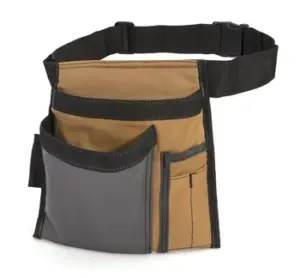 Electrician/Repairer's Canvas Tool Pouch Belt in brown and gray, ഒന്നിലധികം പോക്കറ്റുകളും ക്രമീകരിക്കാവുന്ന കറുത്ത സ്ട്രാപ്പും അവതരിപ്പിക്കുന്നു.