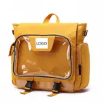 Transparent Compartment နှင့်အတူကျောပိုးအိတ်တွင်ရှင်းလင်းသောရှေ့အိတ်ကပ်ပါရှိသည်, Black Buckles, ဘေးထွက်အိတ်ကပ်, and a label marked "LOGO." Custom Branding အတွက် OEM နှင့် ODM 0 န်ဆောင်မှုများ.