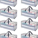 Ukp'éel nukuch jiit'iko'ob almacenamiento nook' transparente, each labeled "BLANKETS" yéetel Chuup yéetel mantas dobladas, yéetel manijas negras robusto.