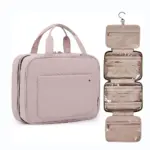 Argi arrosa iragazgaitza Arrosa zintzilikatzeko makillaje poltsa heldulekuekin, deskonprimitu kremaileratutako konpartimentu ugari erakusteko. OEM / ODM pertsonalizazioa eskuragarri.