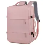 Mochila portátil para viaxes de negocio rectangular rosa rosa con correas acolchadas, mango lateral, Acentos de fibela negra, e carga USB. Dispoñible para personalización OEM/ODM.