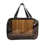 Černá průhledná toaletní sáček, představovat černé úchyty a čiré hnědé tělo, je zobrazen na bílém pozadí a podporuje přizpůsobení OEM a ODM.