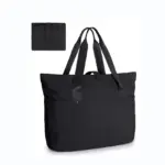 حمل تسوق غير رسمي قابل للطي للنساء في تصميم أسود كبير مع مقابض طويلة, عرض فتح ومطوي مسطح. مثالي لتخصيص OEM أو ODM.