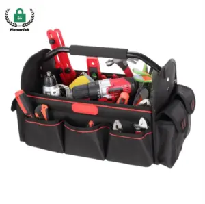 ಬಹು-ವಿಭಾಗದ ದೊಡ್ಡ ಸಾಮರ್ಥ್ಯದ ಸಾಧನವು ಕಪ್ಪು ಮತ್ತು ಕೆಂಪು ಬಣ್ಣದಲ್ಲಿ ಬ್ಯಾಗ್ ಅನ್ನು ವಿವಿಧ ಕೈ ಉಪಕರಣಗಳು ಮತ್ತು ಕಾರ್ಡ್‌ಲೆಸ್ ಡ್ರಿಲ್‌ನಿಂದ ತುಂಬಿರುತ್ತದೆ.