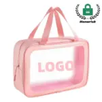 Kantong Knc transparent: pink transparent tote with "LOGO" téks, nanganan pink, Logo hormat di juru; sayogi pikeun OEM sareng Okm.