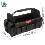 La bossa d'eines de gran capacitat multi-compartiment presenta un mànec, Múltiples butxaques, Opcions OEM/ODM, i les dimensions clarament marcades de 40cm x 22,5cm x 33cm.
