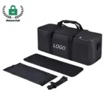 Waterdicht grutte kapasiteit Camera-stipe & Ljocht stand Carfak yn swart, werjûn mei riem, Pad, en lytse pouch op in wite eftergrûn-perfekt foar OEM of ODM-oanpassing.