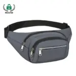 Մինիմալիստ 3-խցիկ Սպորտային գոտկատեղի փաթեթը մոխրագույնով երեք կայծակաճարման պոչով եւ կարգավորելի սեւ ժապավենով, ցուցադրված է սպիտակ ֆոնի վրա; Առկա է OEM / ODM անհատականացման համար.