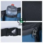 Close-up sabuk olahraga nilon biru dengan pemegang botol menyoroti saku meshnya, ritsleting, dan gesper.