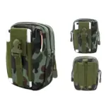 Pack de cintura tàctica a l'aire lliure per fer excursions en camuflatge verd que es mostra des de davant i posterior, Visualització del telèfon i del bolígraf a la butxaca davantera. Personalització OEM/ODM disponible per a funcions i marca personalitzades.