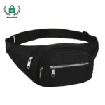 Մինիմալիստ 3-խցիկ Սպորտային գոտկատեղի փաթեթը պարունակում է երեք կայծակնային գրպան եւ կարգավորելի ժապավեն, Հիանալի է OEM- ի կամ ODM անհատականացման համար. Ցուցադրված է այստեղ սեւ գույնով սպիտակ ֆոնի վրա.