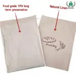 Two reusable Cotton Bread Drawstring Shopping Bags labeled "Food grade TPU" and "Natural Linen," ചുവന്ന അമ്പുകളും വാചകവും ഉപയോഗിച്ച് കാണിച്ചിരിക്കുന്നു, ഒഇഎം / ഒഡിഎം ഇഷ്ടാനുസൃതമാക്കലിന് അനുയോജ്യം.