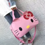 A person holds a Cute Cat-Themed Women's Travel Bag, com orelhas de gato rosa e um arco - um adorável, Acessório atraente ideal para a personalização OEM ODM-enquanto fica de pé por uma parede de azulejos.
