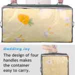 Juntúul máak sostiene jump'éel póoj almacenamiento nook'o'obo' Transparente yéetel kan asas yéetel juntúul frente jul, ye'esik jump'éel manta k'an yéetel impresiones conejo yéetel zanahoria.