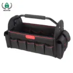 La bossa d'eines de gran capacitat multi-compartiment presenta un teixit negre amb retalls vermells, Múltiples butxaques exteriors, i un mànec encoixinat: perfecte per a la personalització OEM/ODM.