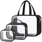 Kolme PVC -läpinäkyvää vedenpitävää meikkipussia mustalla koristeella ja kahvoilla, Saatavana pieninä, keskipitkä, ja suuret koot - OEM/ODM -räätälöinti.