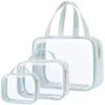 PVC -läpinäkyvä vedenpitävä meikkipussisarja sisältää kolme kirkasta vetoketjullista pussia, joissa on vaaleansininen verhoilu ja kahvat pieninä, keskipitkä, ja suuret koot. OEM- ja ODM -räätälöinti brändäykseen ovat saatavilla.