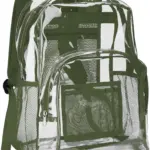 批發防水PVC透明背包，帶綠色飾邊, 網狀口袋, 和白色背景上的綠色肩帶. OEM和ODM自定義選項可用.